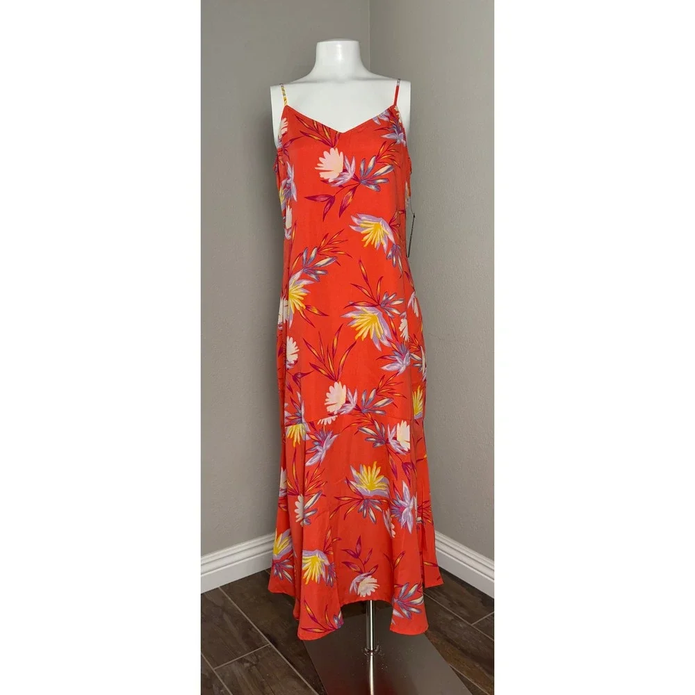 Lulus Quinlynn Coral Red Floral Print Midi Dress Medium New